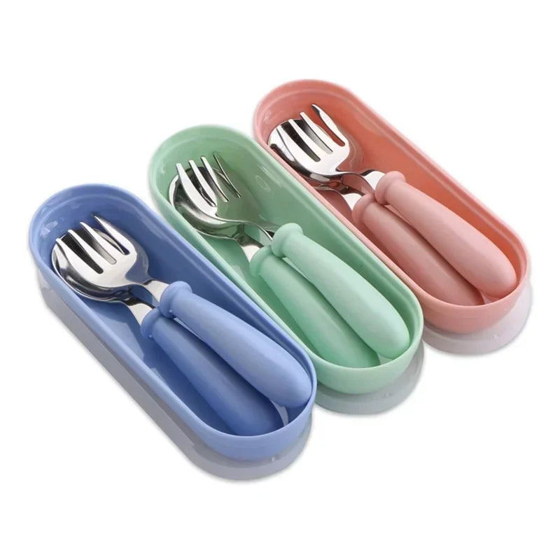 Baby Feeding Tableware Set Children Utensil Stainless Steel Toddler Dinnerware Cutlery Cartoon Infant Food Feeding Spoon Fork
