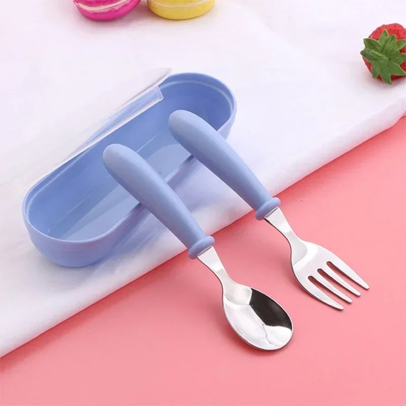 Baby Feeding Tableware Set Children Utensil Stainless Steel Toddler Dinnerware Cutlery Cartoon Infant Food Feeding Spoon Fork