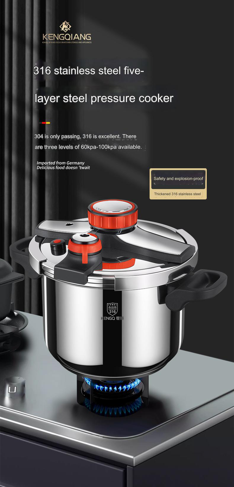 Thickened Pressure Cooker for Home Use, 316 Stainless Steel, Anti-Explosion, Gas and Induction Cookers Compatible