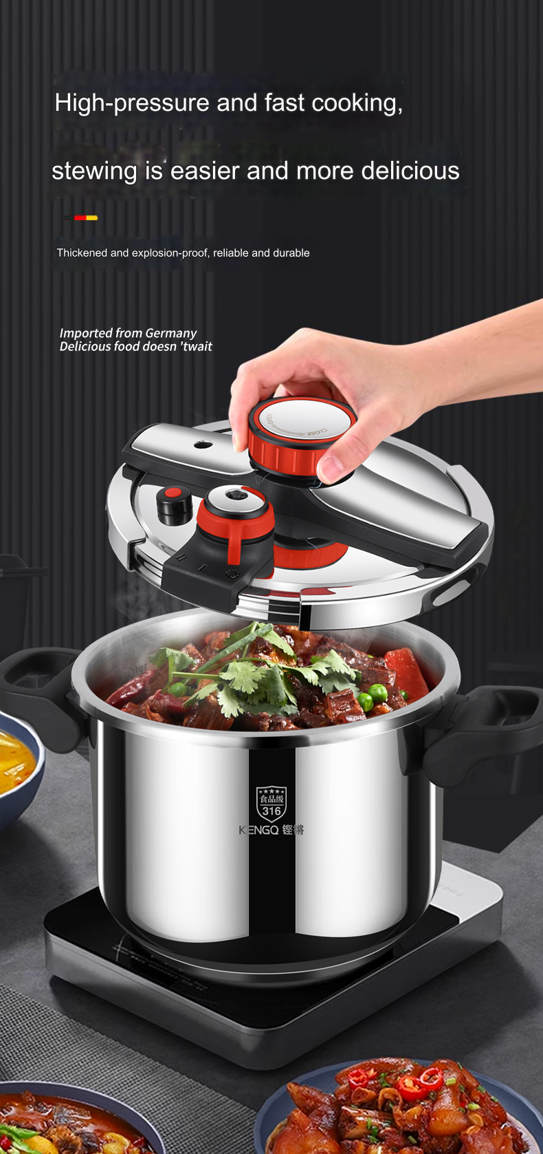 Thickened Pressure Cooker for Home Use, 316 Stainless Steel, Anti-Explosion, Gas and Induction Cookers Compatible