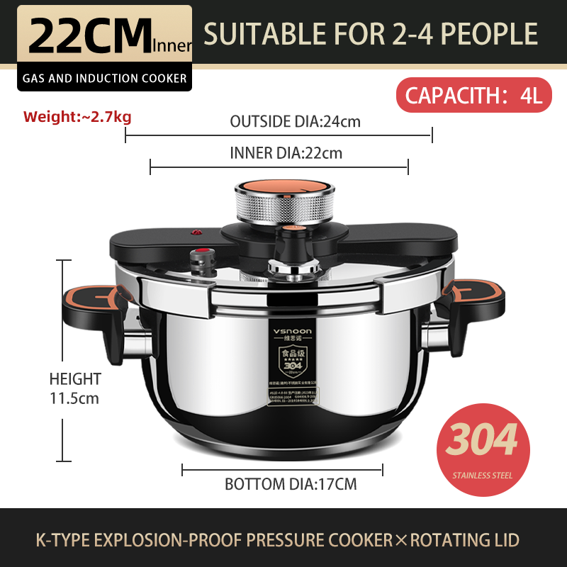 Household kitchen304 stainless steel pressure cooker, rotary open lid, gas stove induction cooker universal