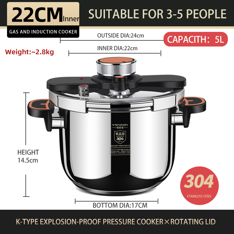 Household kitchen304 stainless steel pressure cooker, rotary open lid, gas stove induction cooker universal